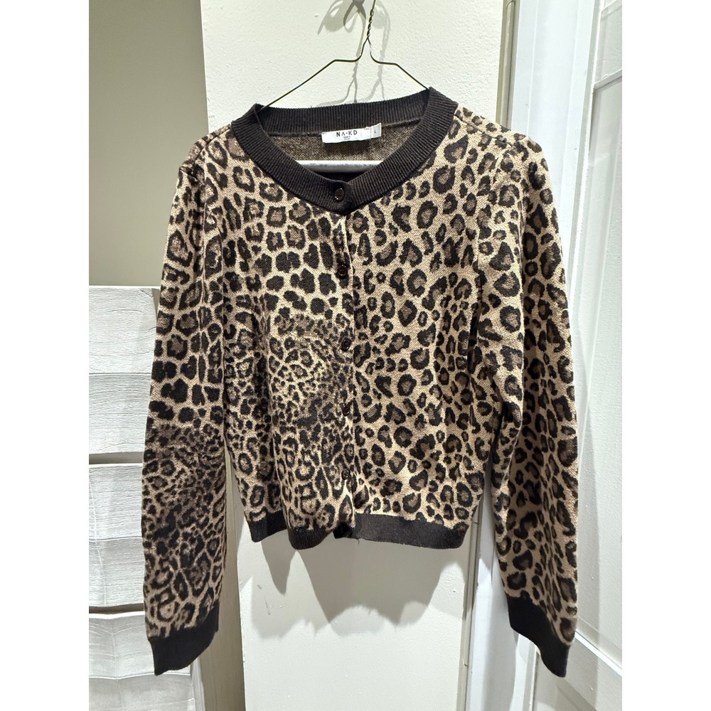 NA-KD Leopard Print Cardigan Sweater Brown Tan Animal Print Crew Neck Size L